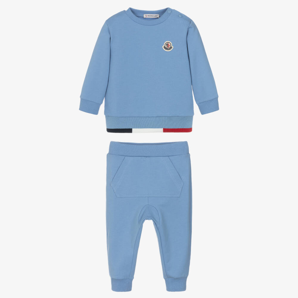 Moncler Enfant-Синий хлопковый спортивный костюм с трехцветной отделкой для мальчиков | Childrensalon