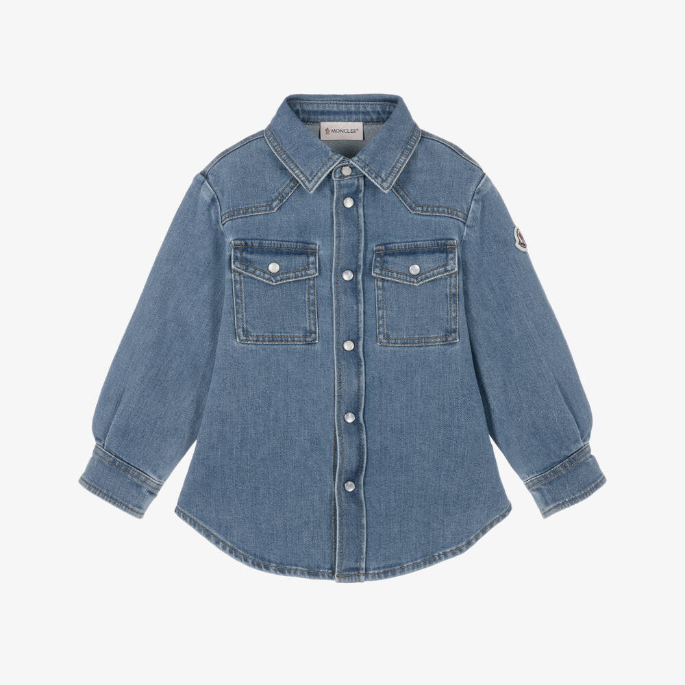 Moncler Enfant-Boys Blue Denim Long Sleeve Shirt with Felt Patch | Childrensalon