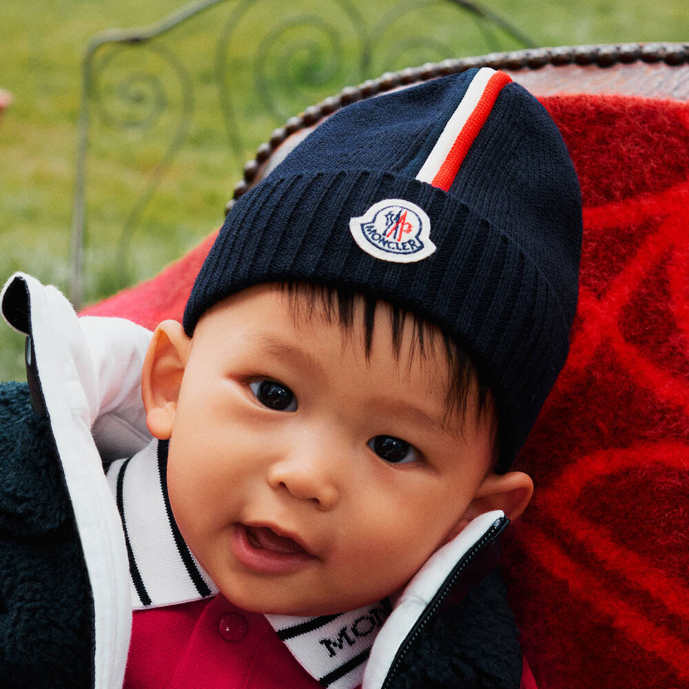 Moncler Enfant - Boys Blue Wool Knit Beanie Hat | Childrensalon
