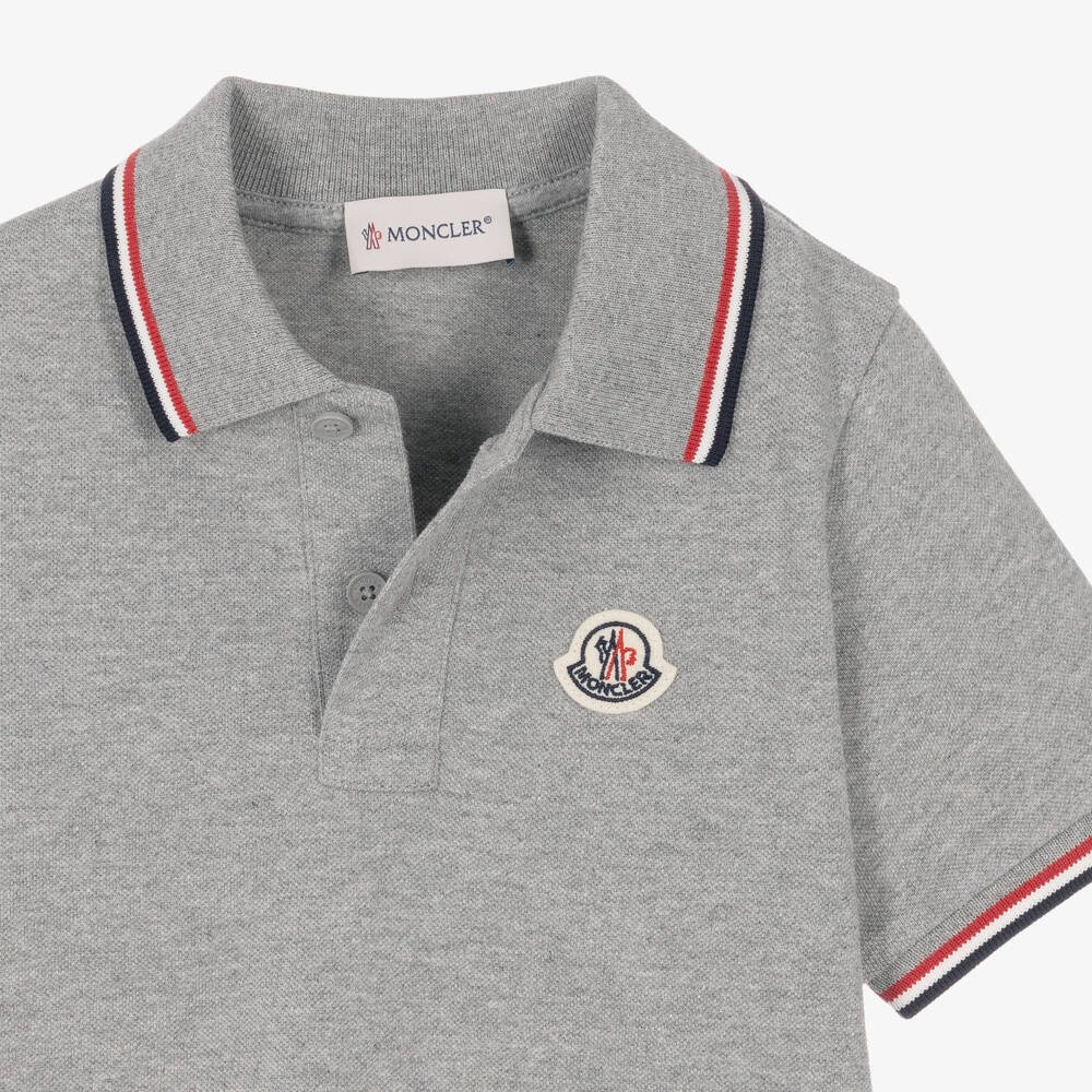Moncler Enfant-Boys Grey Cotton Piqué Polo Shirt with Tricolour Trim | Childrensalon