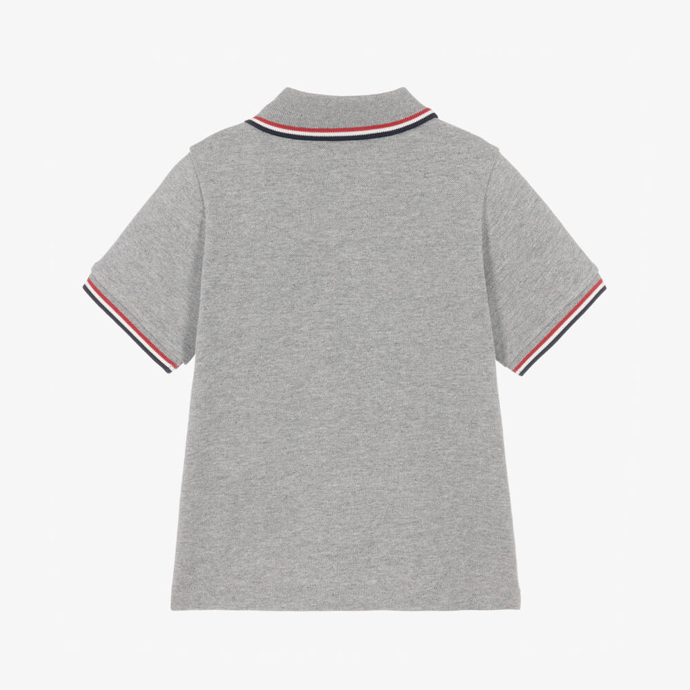 Moncler Enfant-Boys Grey Cotton Piqué Polo Shirt with Tricolour Trim | Childrensalon