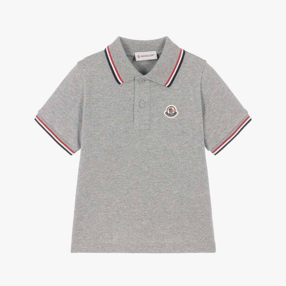 Moncler Enfant-Boys Grey Cotton Piqué Polo Shirt with Tricolour Trim | Childrensalon