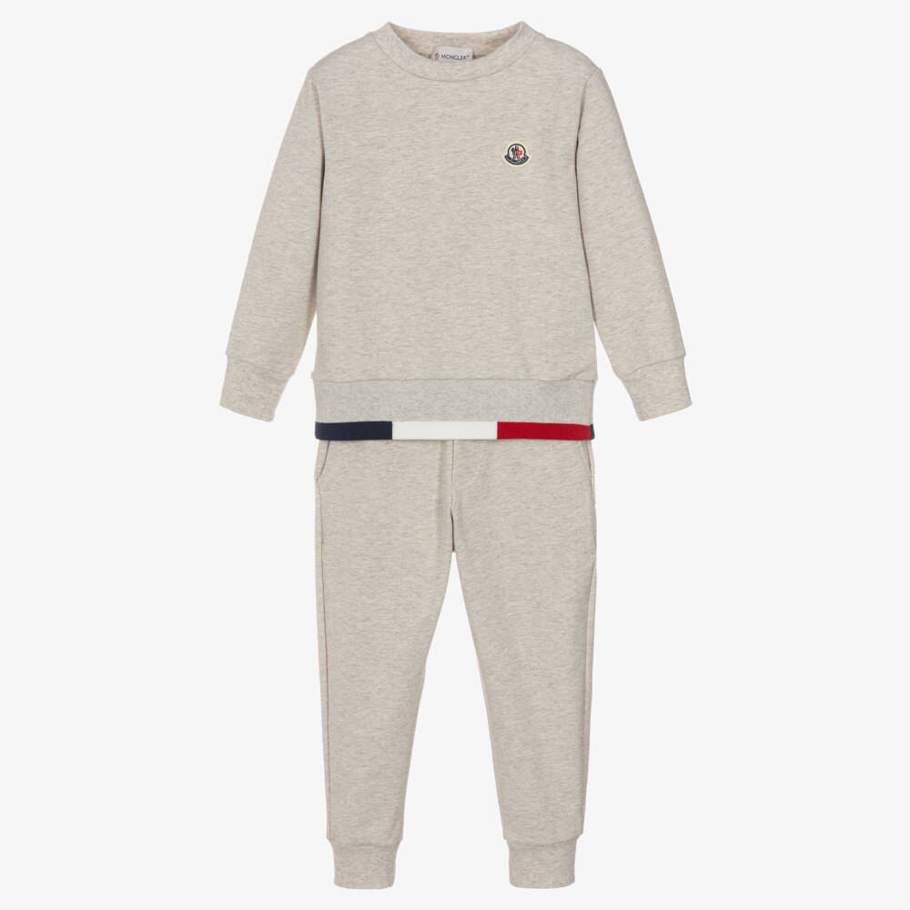 Moncler Enfant-Boys Grey Marl Cotton Tracksuit with Tricolour Trim | Childrensalon