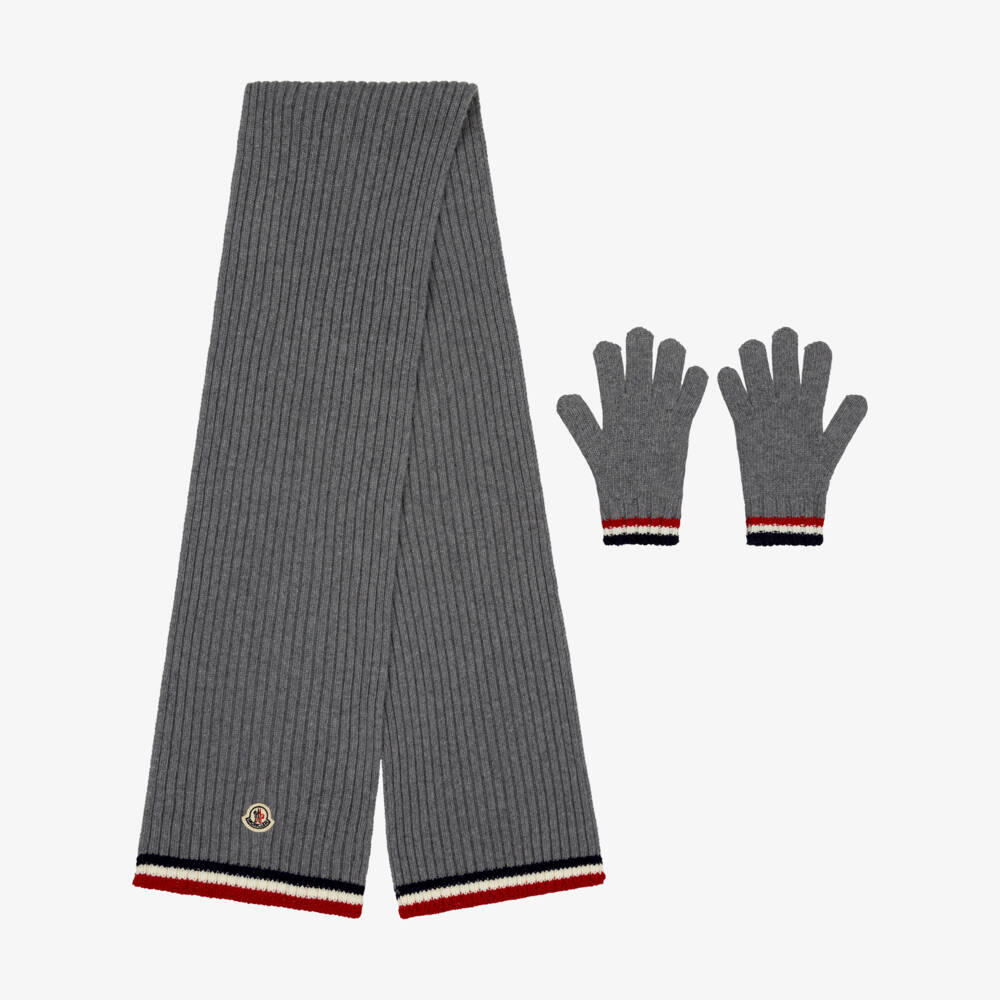 Moncler Enfant-Boys Grey Wool Gloves & Scarf Set | Childrensalon