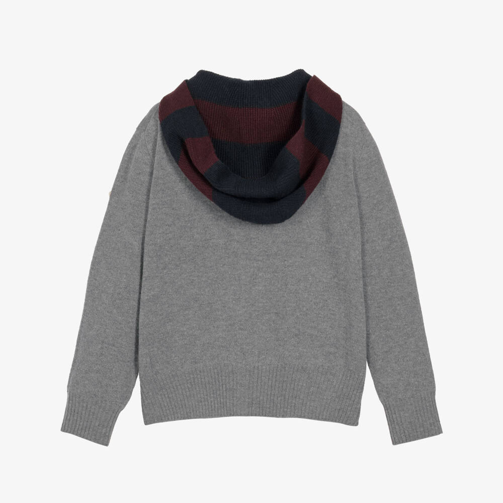 Moncler Enfant-Boys Grey Wool Zip-Up Top with Striped Hood | Childrensalon
