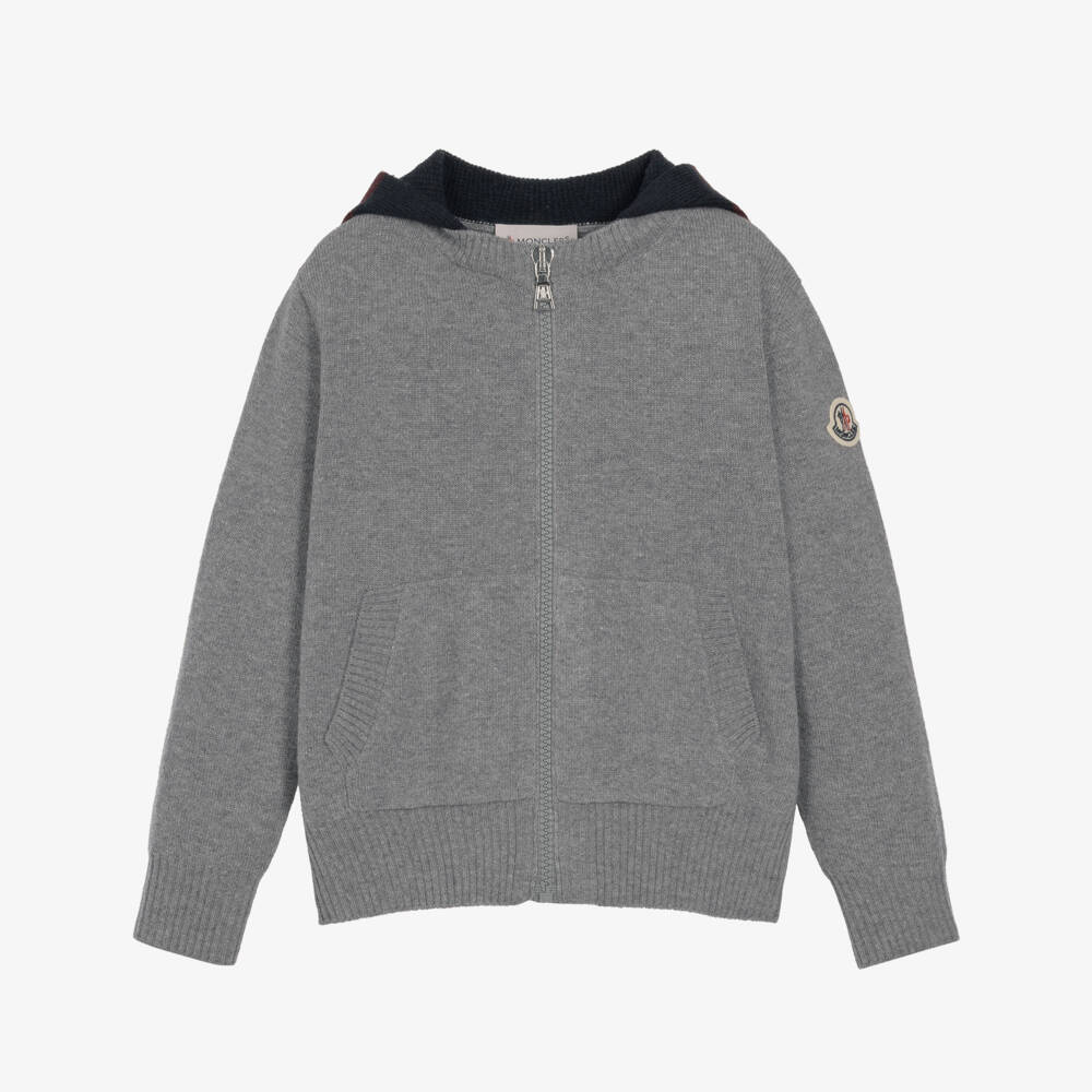Moncler Enfant-Boys Grey Wool Zip-Up Top with Striped Hood | Childrensalon
