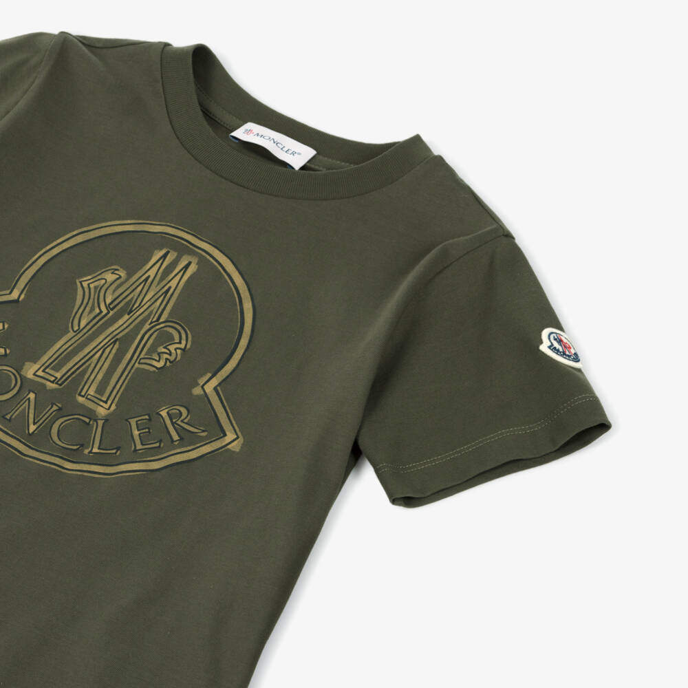 Moncler Enfant-Футболка зеленая хаки из хлопка для мальчиков | Childrensalon