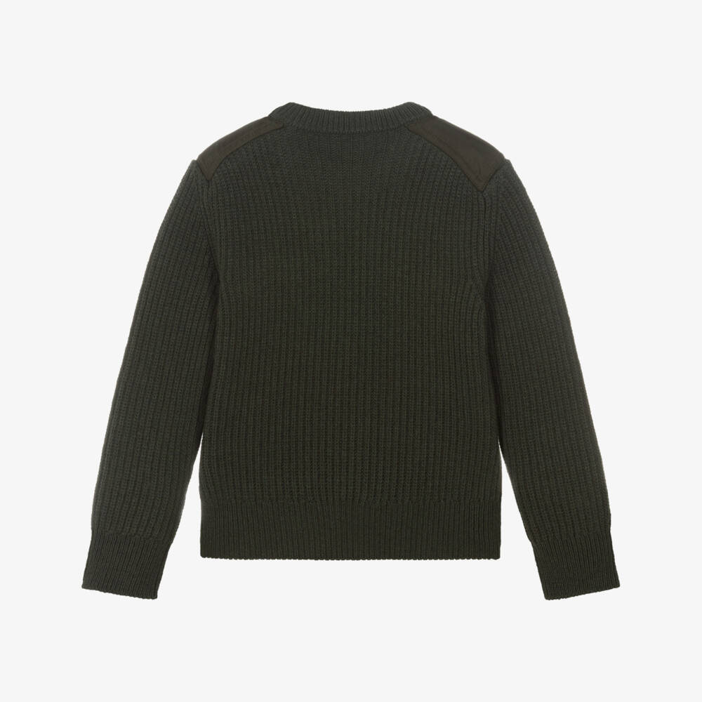 Moncler Enfant-Свитер из шерсти зеленый хаки с логотипом на кармане для мальчиков | Childrensalon