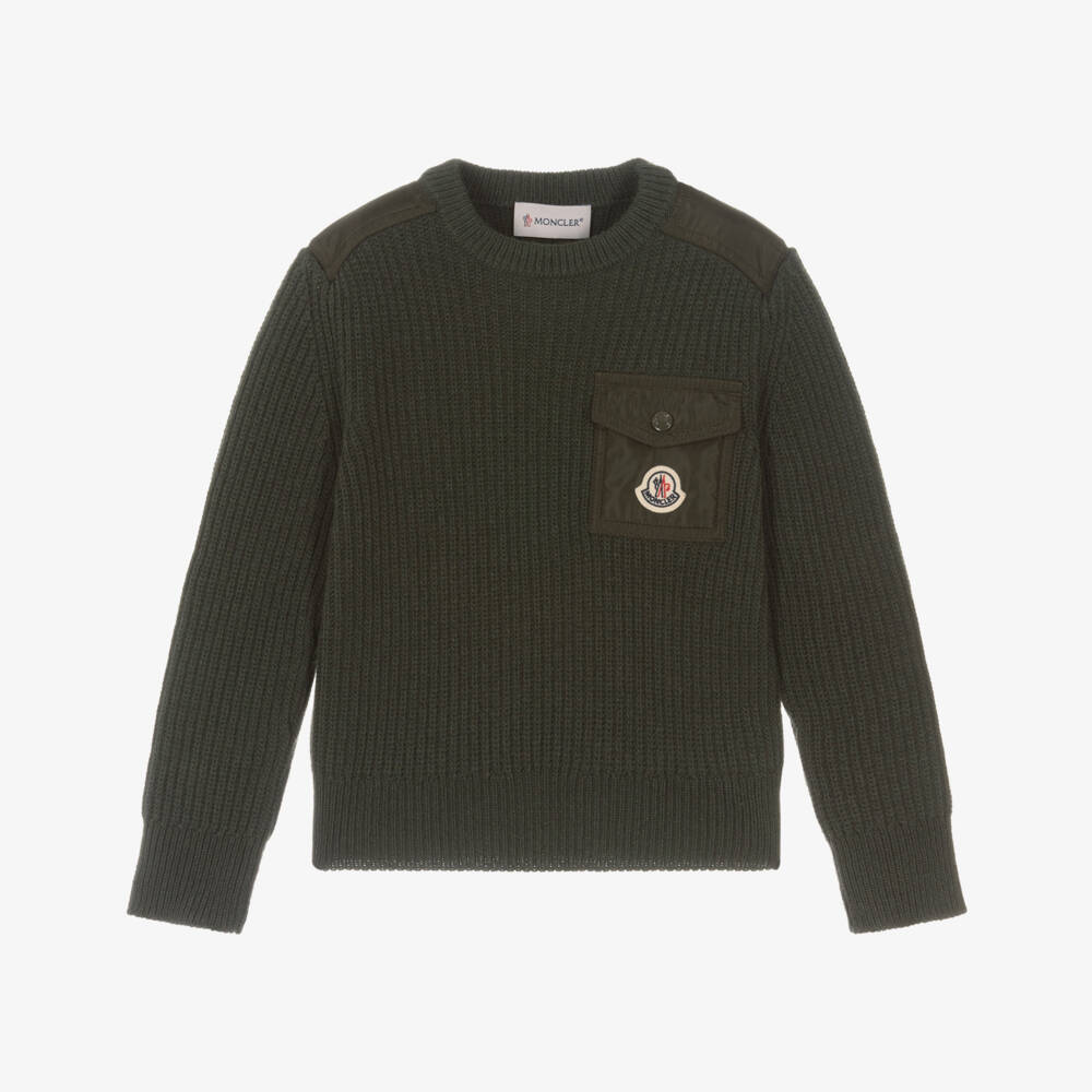 Moncler Enfant-Свитер из шерсти зеленый хаки с логотипом на кармане для мальчиков | Childrensalon