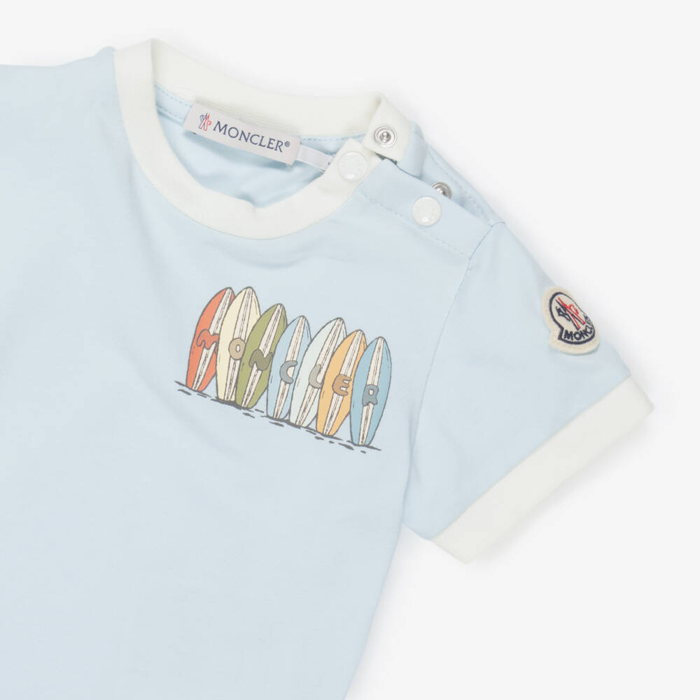 Moncler Enfant-Boys Light Blue Cotton Jersey Short Set with Surfboard Logo | Childrensalon