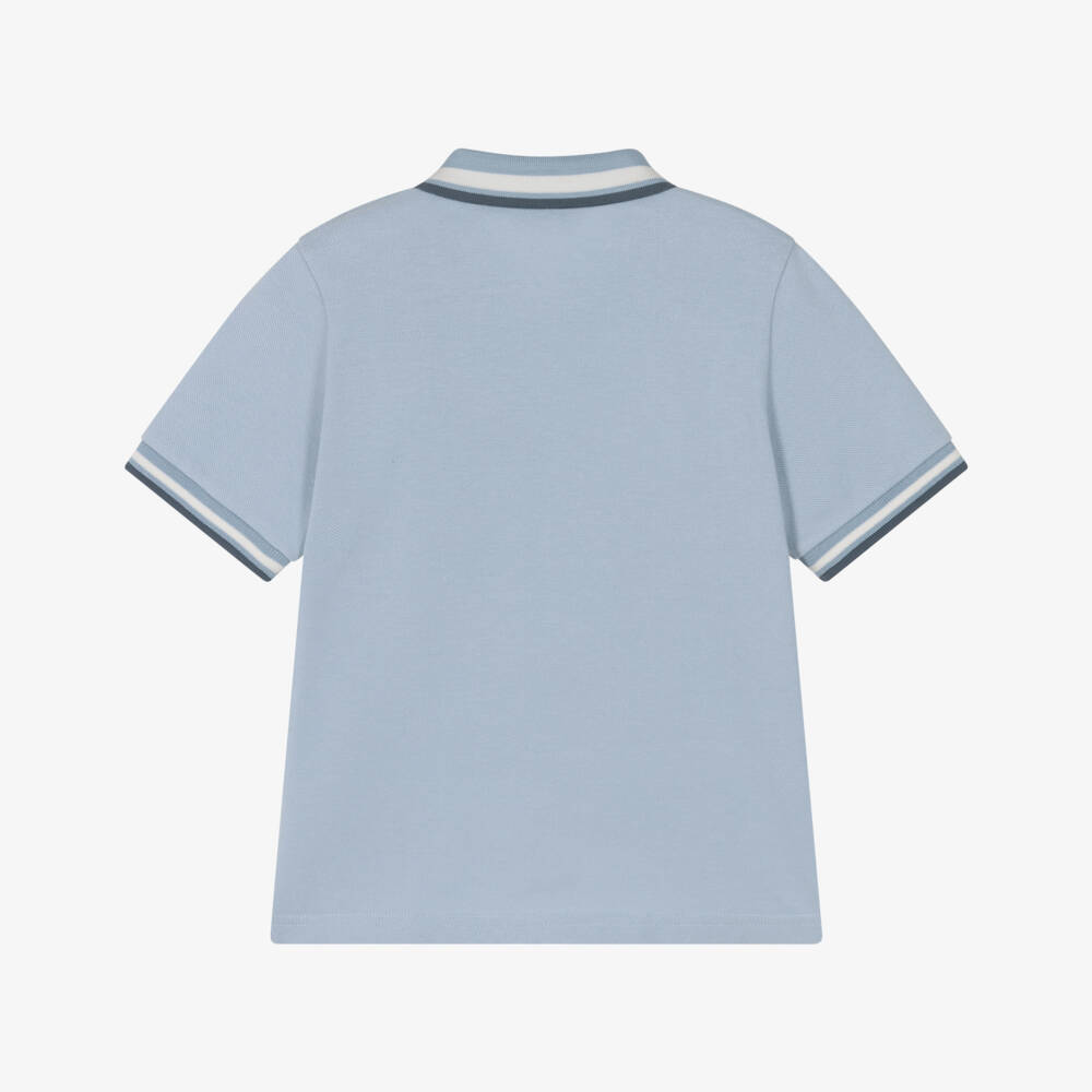 Moncler Enfant-Boys Light Blue Piqué Polo Shirt with Striped Trim | Childrensalon