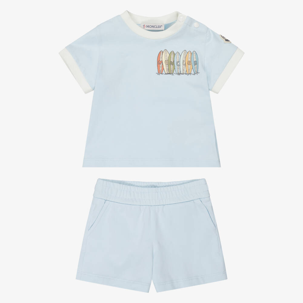 Moncler Enfant-Boys Light Blue Shorts Set with Surfboard Logo | Childrensalon