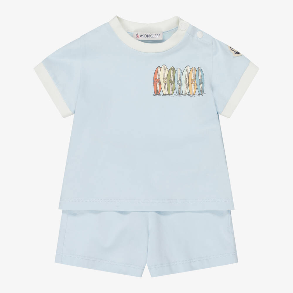 Moncler Enfant-Boys Light Blue Shorts Set with Surfboard Logo | Childrensalon