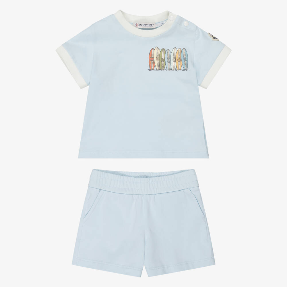 Moncler Enfant-Boys Light Blue Shorts Set with Surfboard Logo | Childrensalon