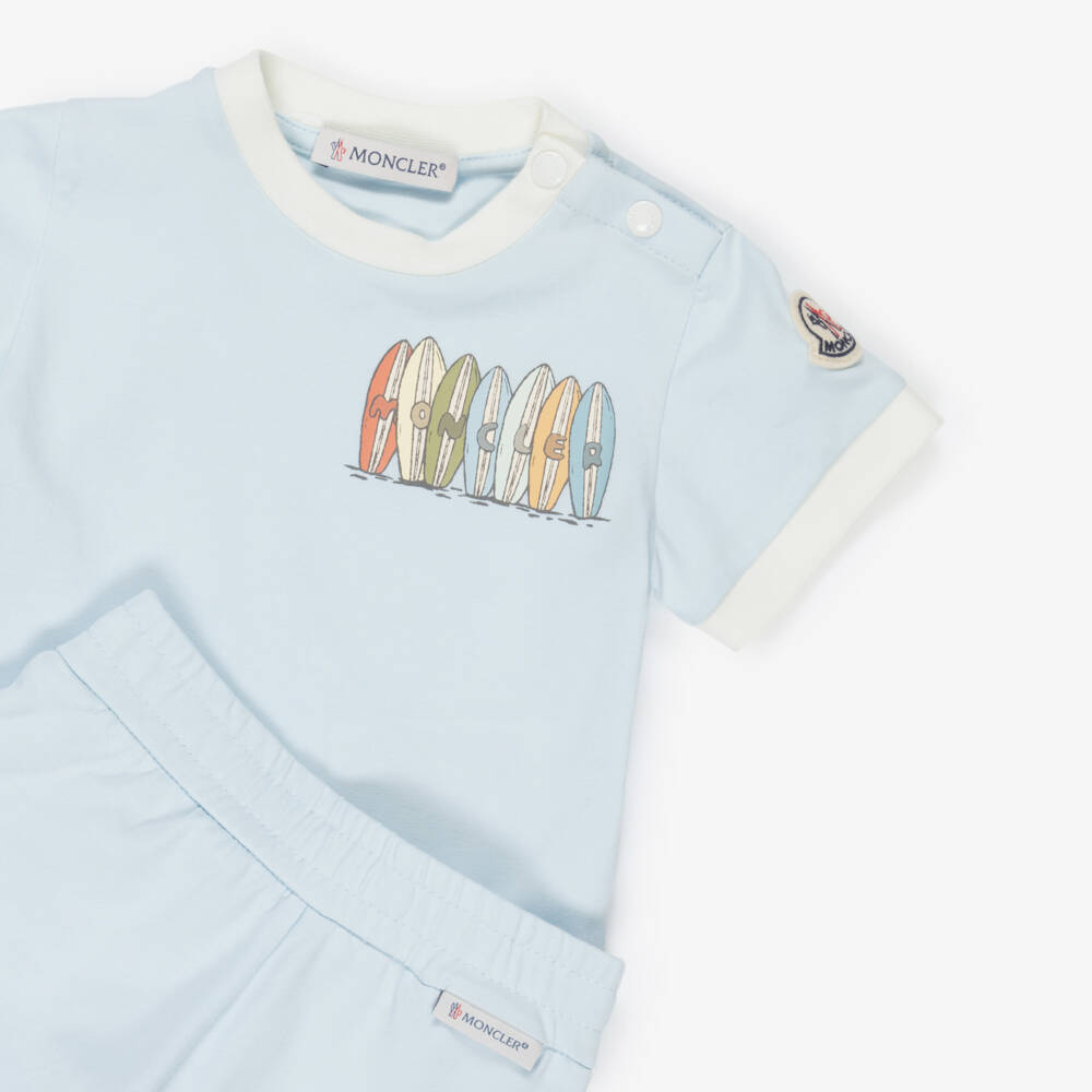 Moncler Enfant-Boys Light Blue Shorts Set with Surfboard Logo | Childrensalon