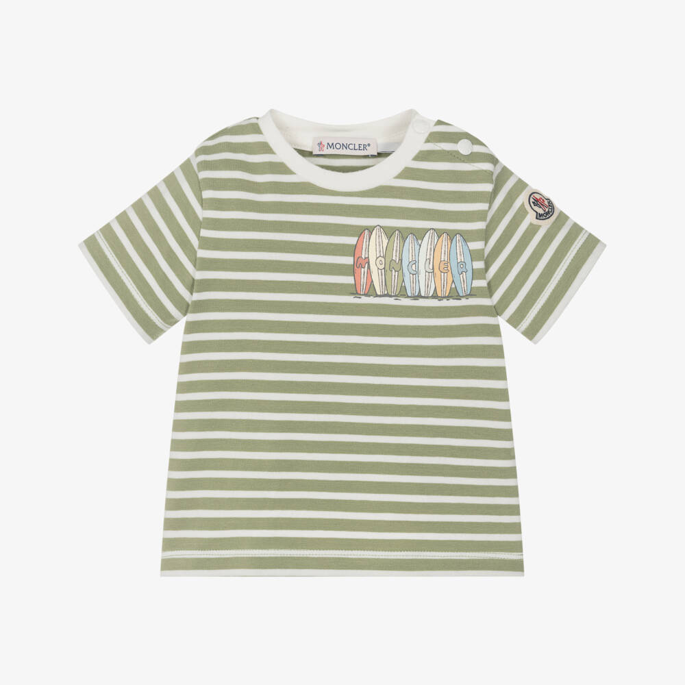 Moncler Enfant-Boys Light Khaki Striped T-Shirt with Surfboard Logo | Childrensalon