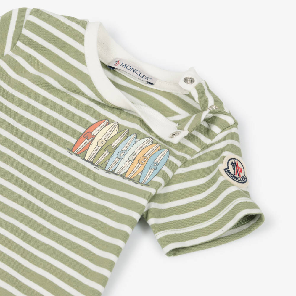 Moncler Enfant-Boys Light Khaki Striped T-Shirt with Surfboard Logo | Childrensalon