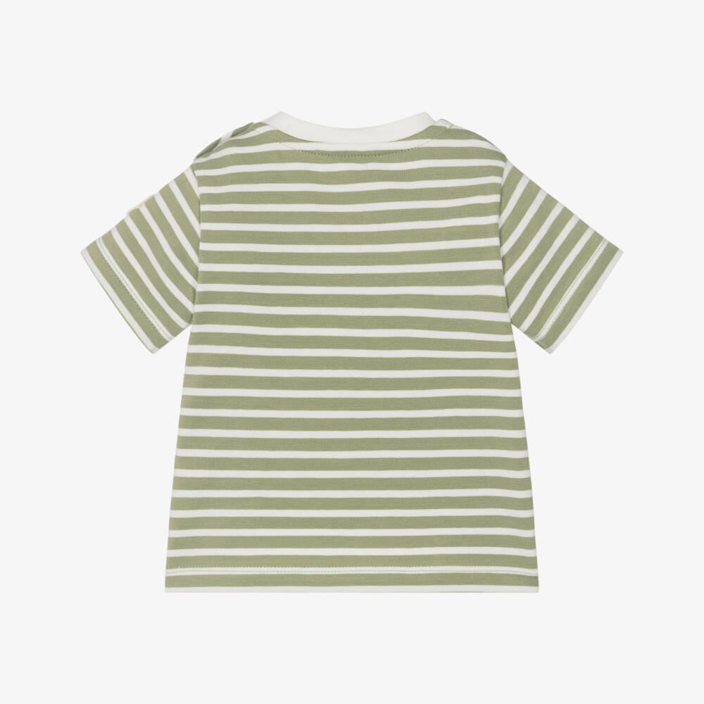 Moncler Enfant-Boys Light Khaki Striped T-Shirt with Surfboard Logo | Childrensalon
