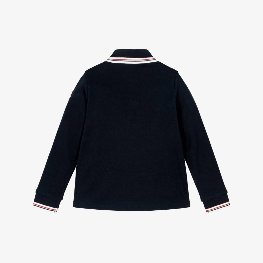 Moncler Enfant-Рубашка поло с длинными рукавами синяя из хлопкового пике для мальчиков | Childrensalon