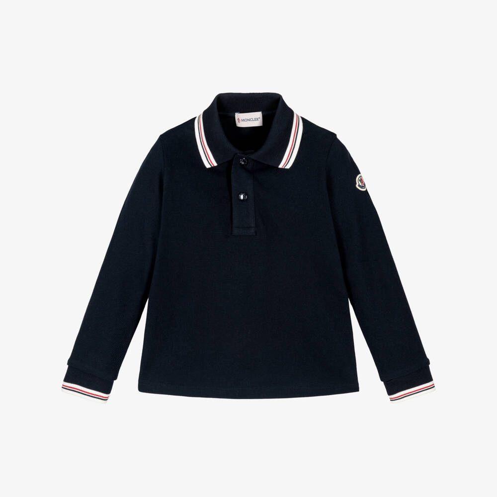 Moncler Enfant-Boys Navy Blue Cotton Piqué Long-Sleeved Polo Shirt | Childrensalon