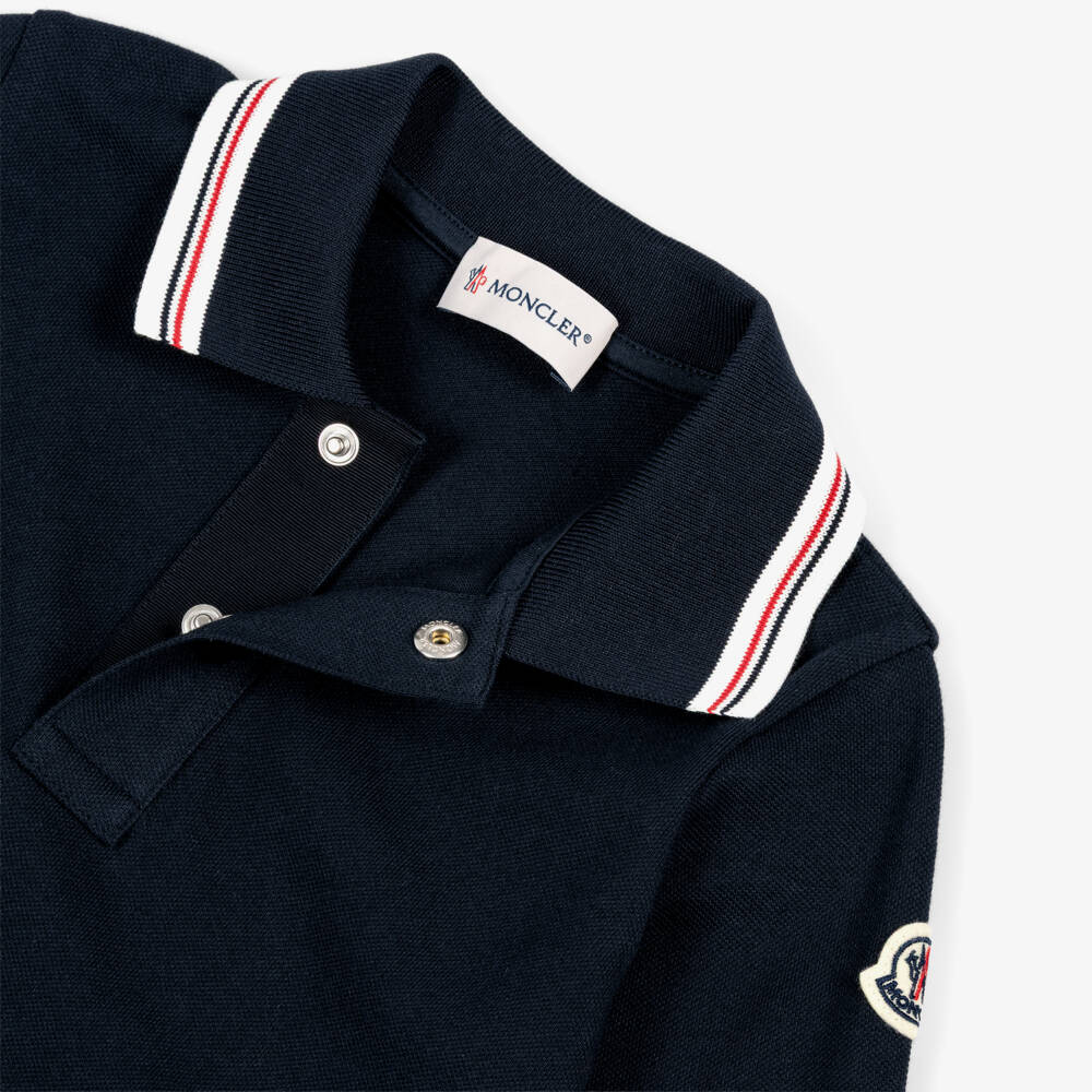 Moncler Enfant-Рубашка поло с длинными рукавами синяя из хлопкового пике для мальчиков | Childrensalon