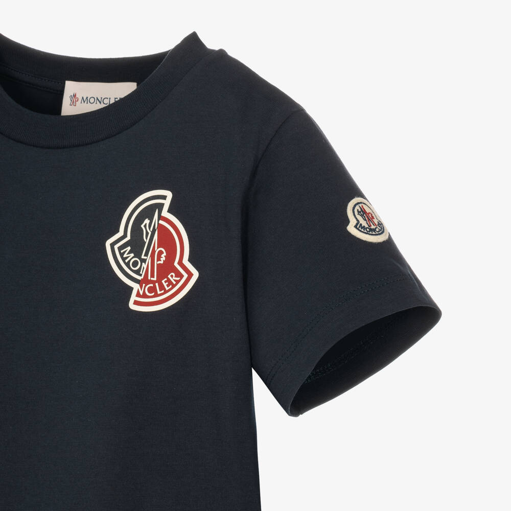 Moncler Enfant-Boys Navy Blue Cotton Split Logo T-Shirt | Childrensalon