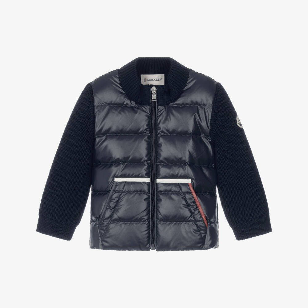 Moncler Enfant-Boys Navy Blue Down Padded & Wool Knit Zip-Up Top | Childrensalon