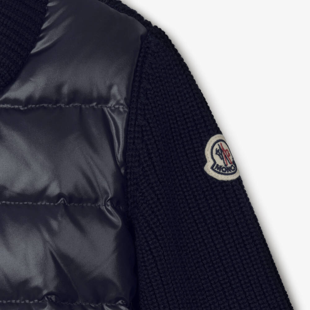 Moncler Enfant-Boys Navy Blue Down Padded & Wool Knit Zip-Up Top | Childrensalon