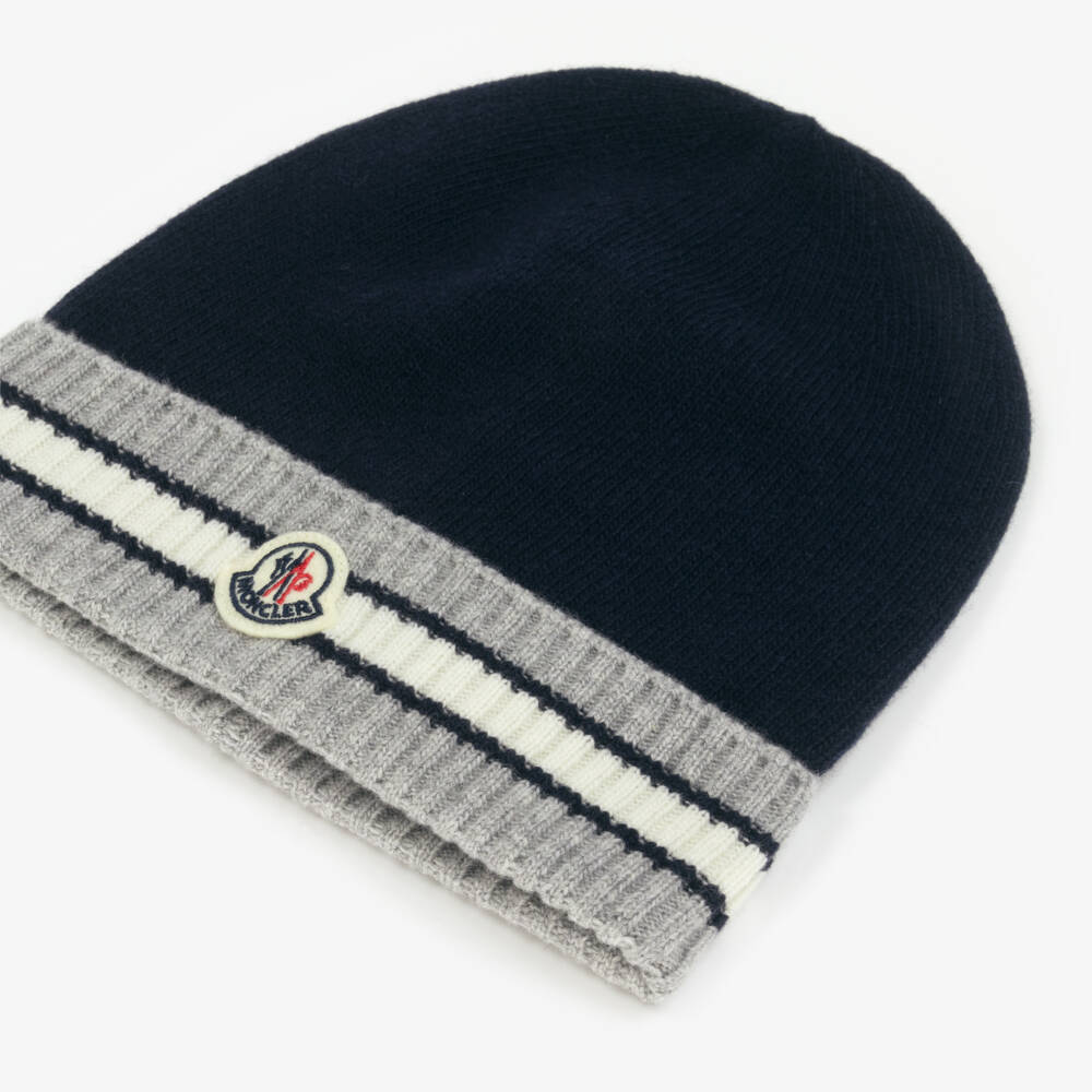 Moncler Enfant-Boys Navy Blue & Grey Wool Knit Hat | Childrensalon