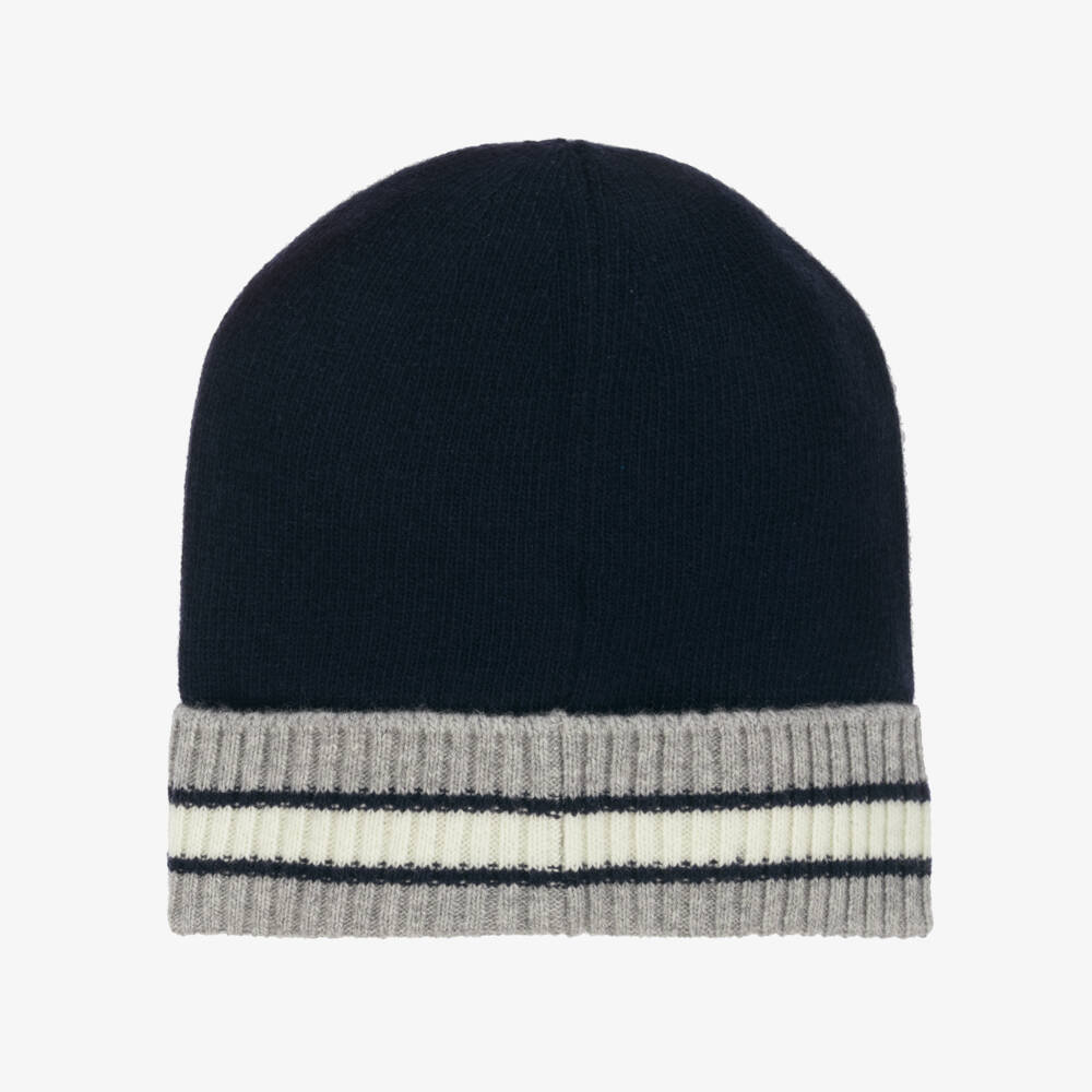 Moncler Enfant-Boys Navy Blue & Grey Wool Knit Hat | Childrensalon
