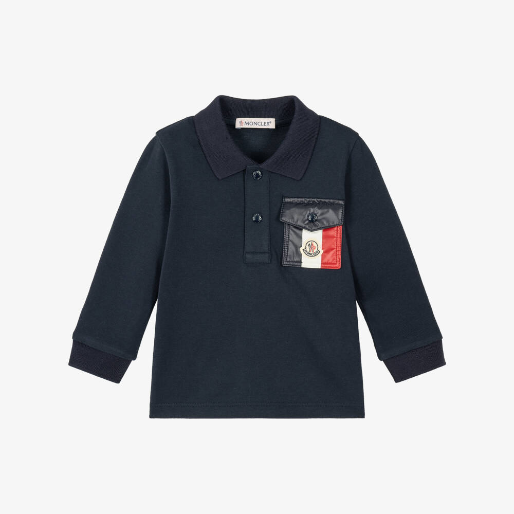 Moncler Enfant-Boys Navy Blue Piqué Polo Shirt with Long Sleeves | Childrensalon