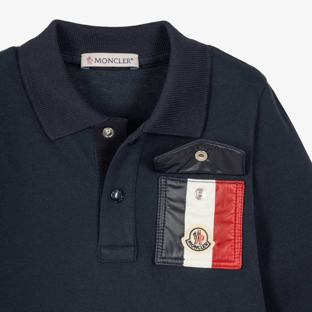 Moncler Enfant-Boys Navy Blue Piqué Polo Shirt with Long Sleeves | Childrensalon