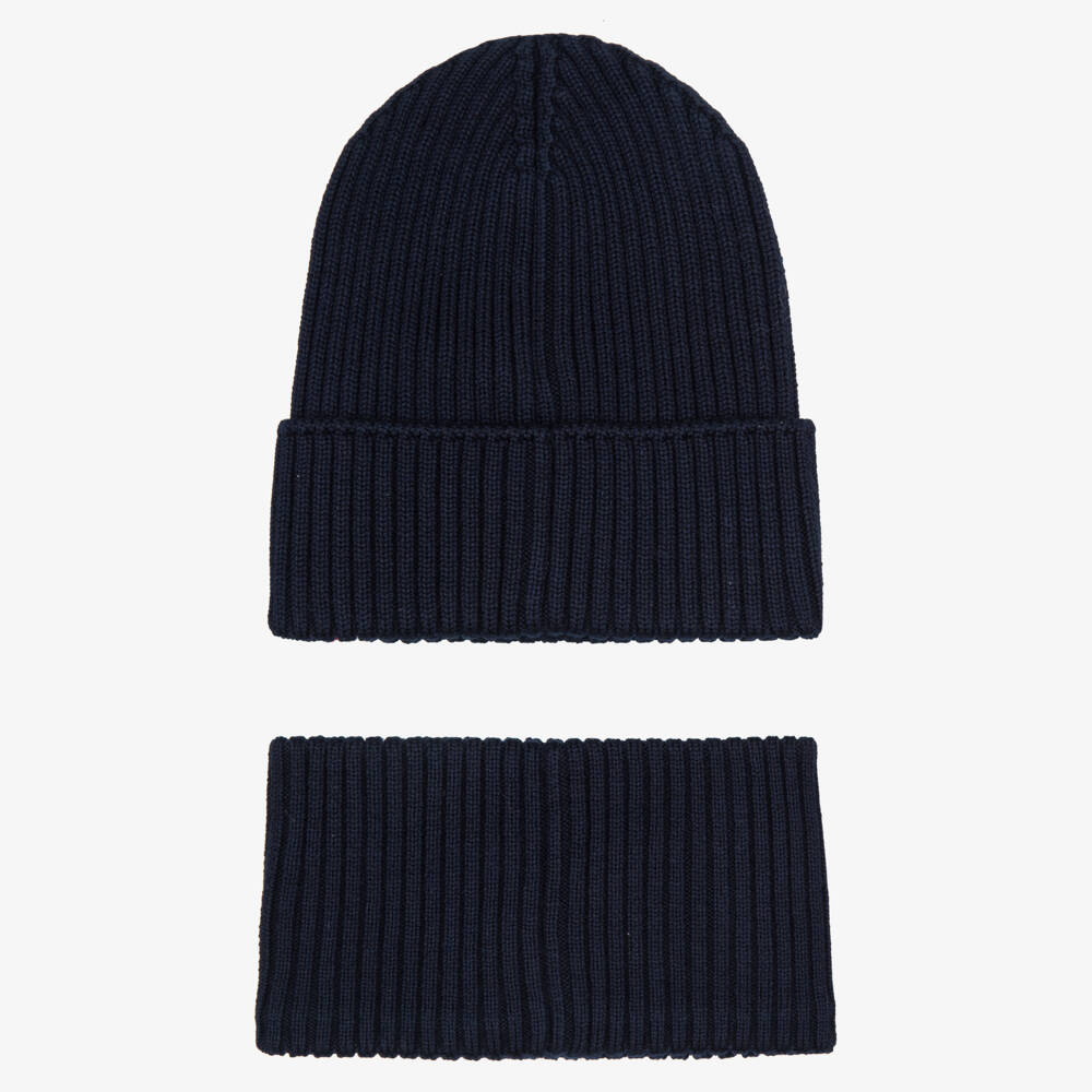 Moncler Enfant-Boys Navy Blue Ribbed Knit Hat & Snood Set | Childrensalon