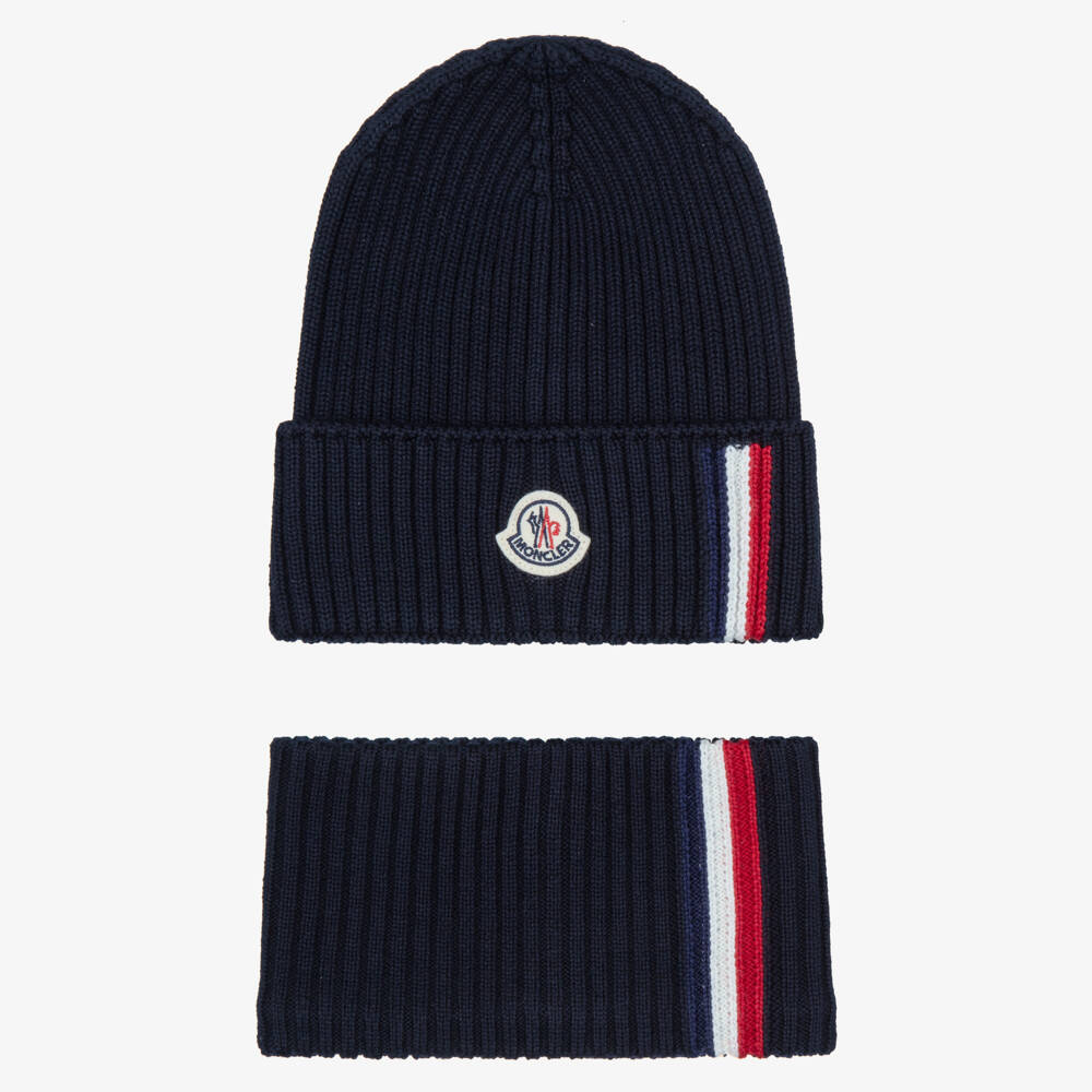 Moncler Enfant-Boys Navy Blue Ribbed Knit Hat & Snood Set  | Childrensalon