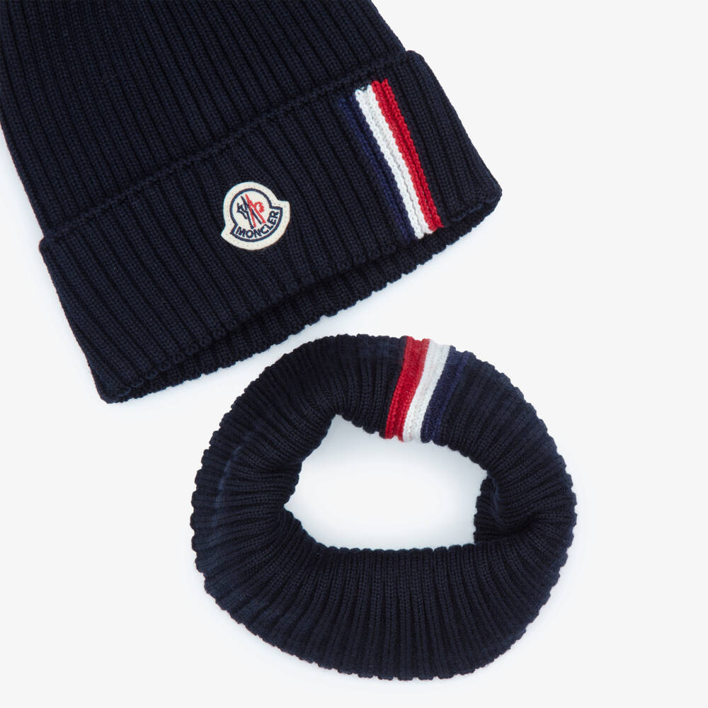 Moncler Enfant-Boys Navy Blue Ribbed Knit Hat & Snood Set | Childrensalon