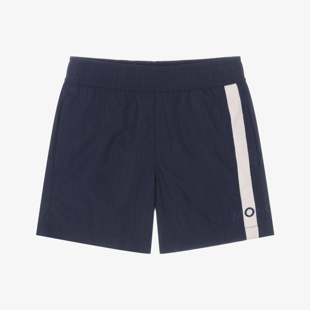 Moncler Enfant-Boys Navy Blue Swim Shorts with Tricolour Trims | Childrensalon
