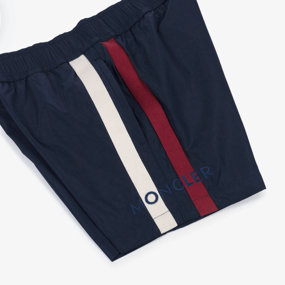 Moncler Enfant-Boys Navy Blue Swim Shorts with Tricolour Trims | Childrensalon