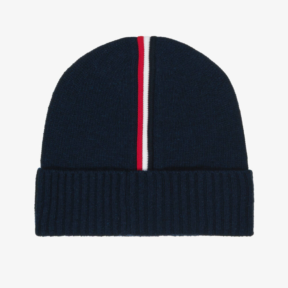 Moncler Enfant-Boys Navy Blue Wool Beanie Hat with Striped Trim | Childrensalon