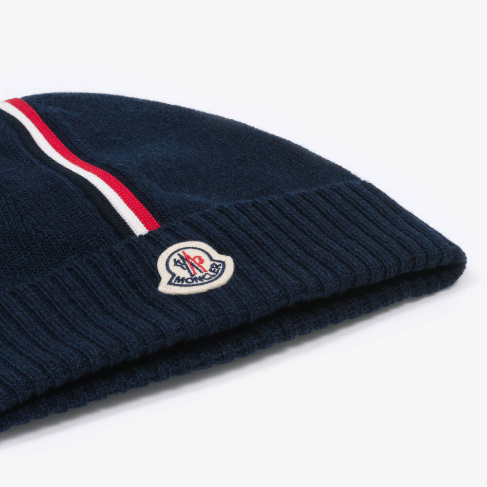Moncler Enfant-Boys Navy Blue Wool Beanie Hat with Striped Trim | Childrensalon