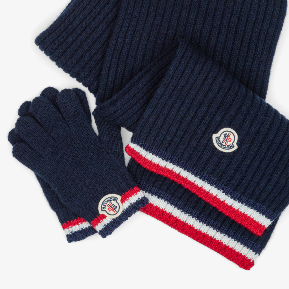 Moncler Enfant-Boys Navy Blue Wool Gloves & Scarf Set | Childrensalon