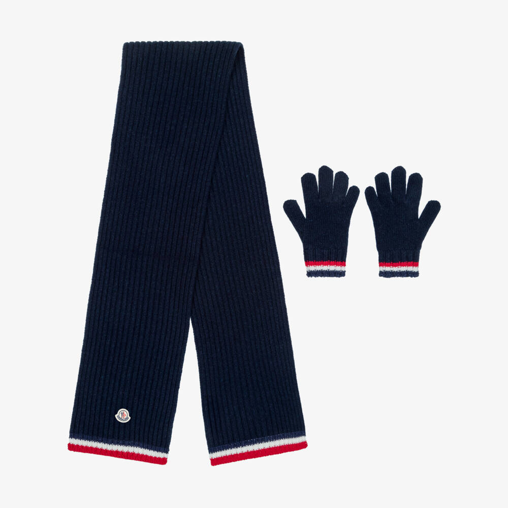 Moncler Enfant-Boys Navy Blue Wool Gloves & Scarf Set | Childrensalon