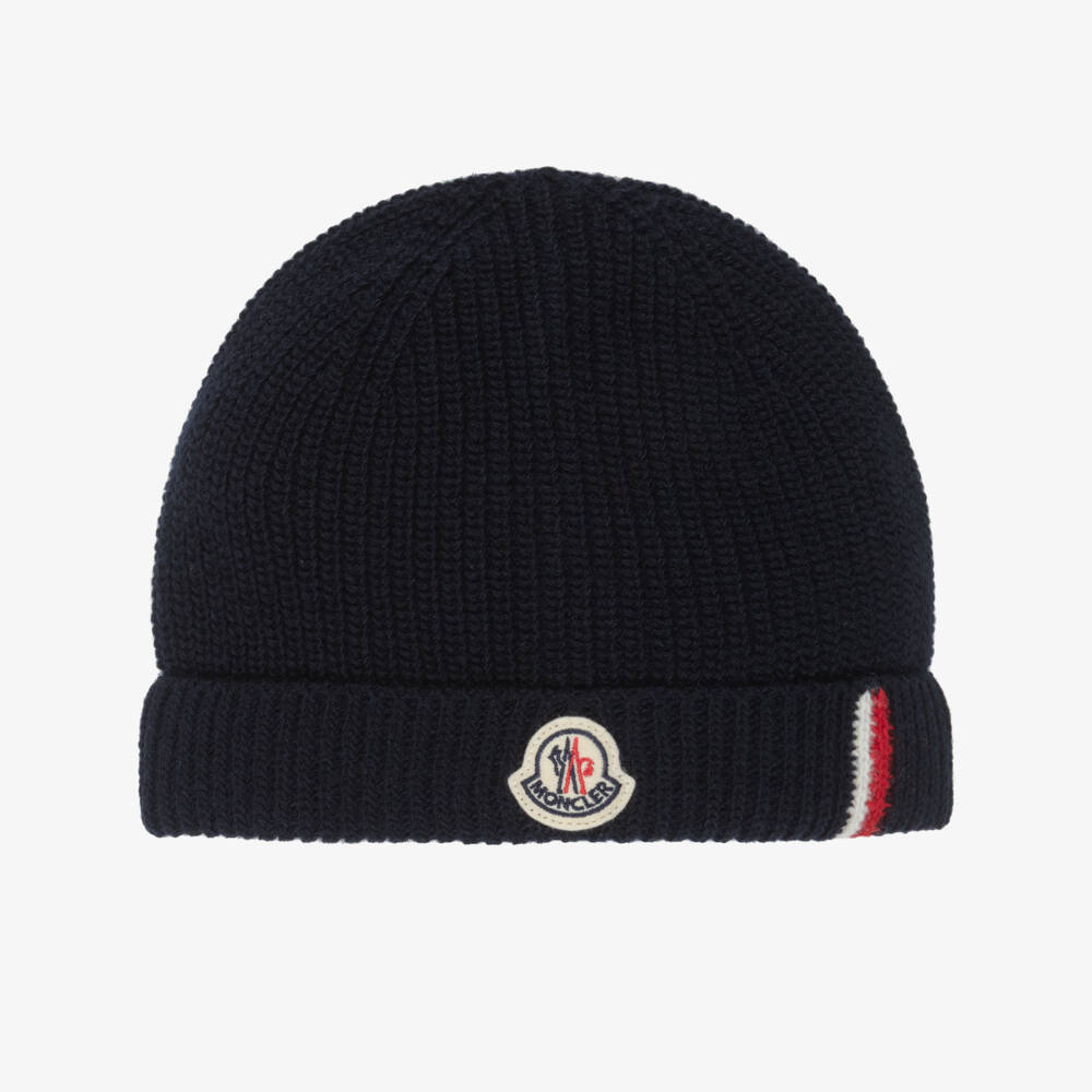 Moncler Enfant-Boys Navy Blue Wool Knitted Beanie Hat | Childrensalon