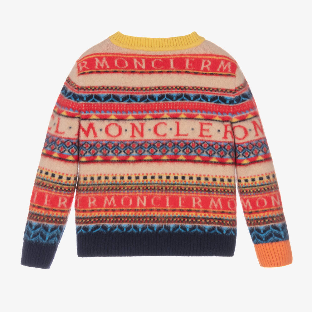 Moncler Enfant-بلوفر صوف بكر محبوك لون أحمر وبيج للأولاد | Childrensalon