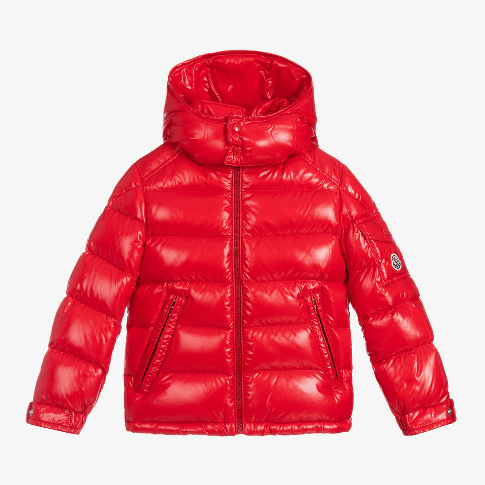 Moncler Enfant-جاكيت بافر لون أحمر مبطن بريش للأولاد | Childrensalon