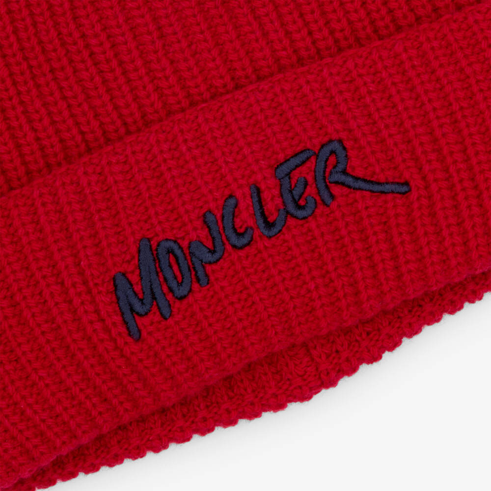 Moncler Enfant-Boys Red Wool Knit Beanie Hat with Embroidered Logo | Childrensalon