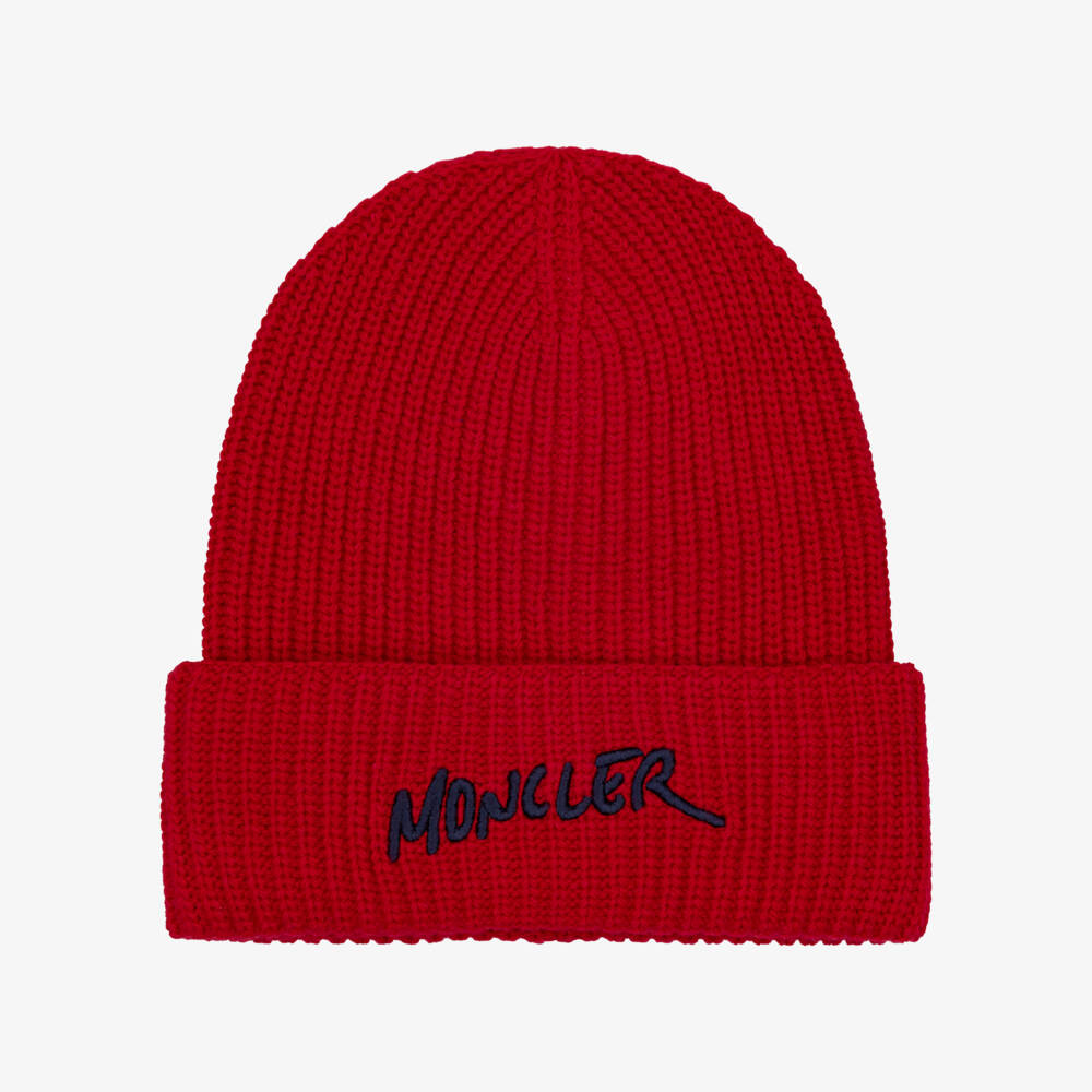 Moncler Enfant-Boys Red Wool Knit Beanie Hat with Embroidered Logo | Childrensalon