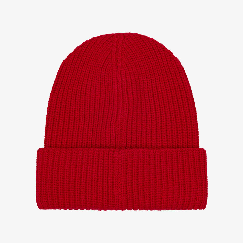Moncler Enfant-Boys Red Wool Knit Beanie Hat with Embroidered Logo | Childrensalon
