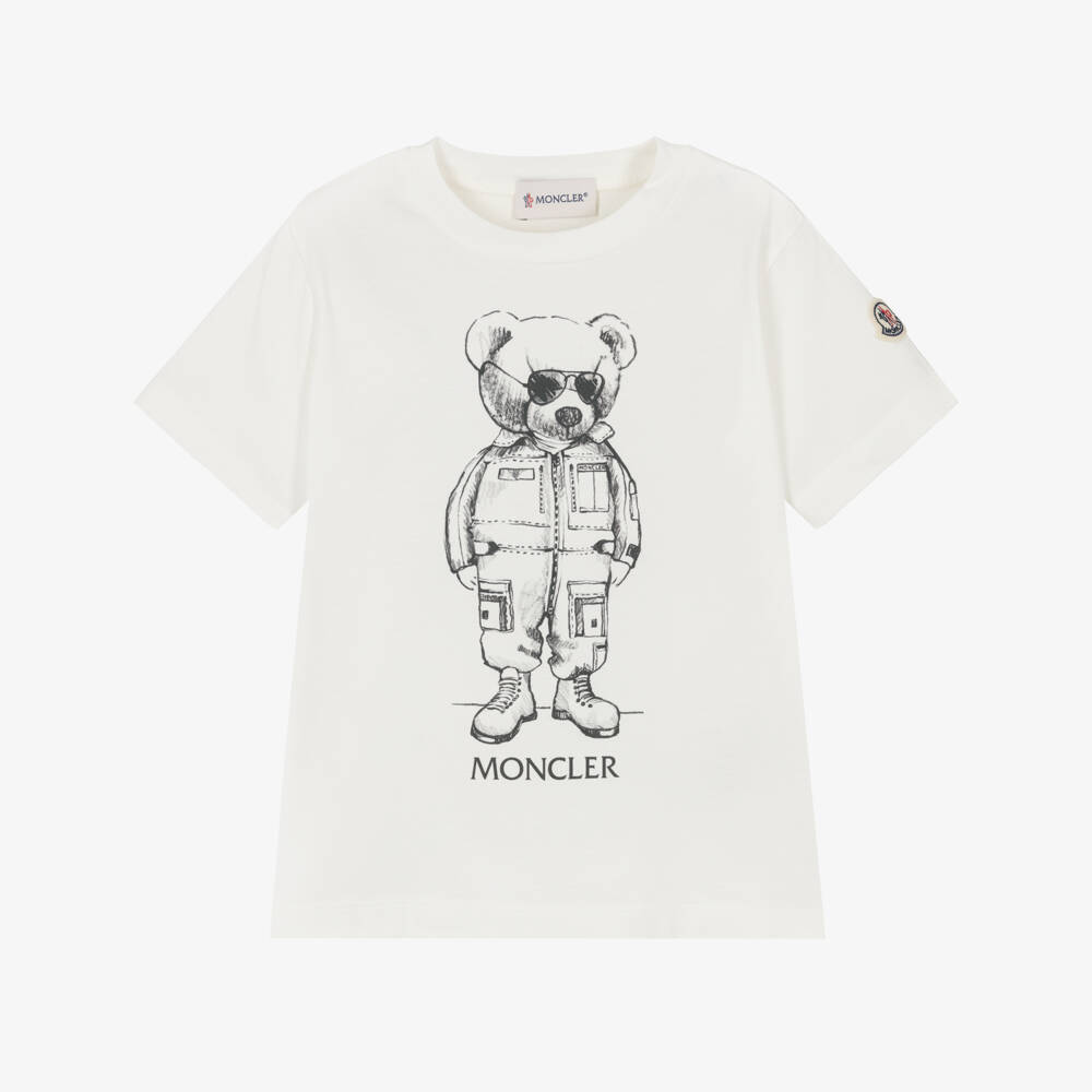 Moncler Enfant-Футболка белая из хлопка с медведем для мальчиков | Childrensalon