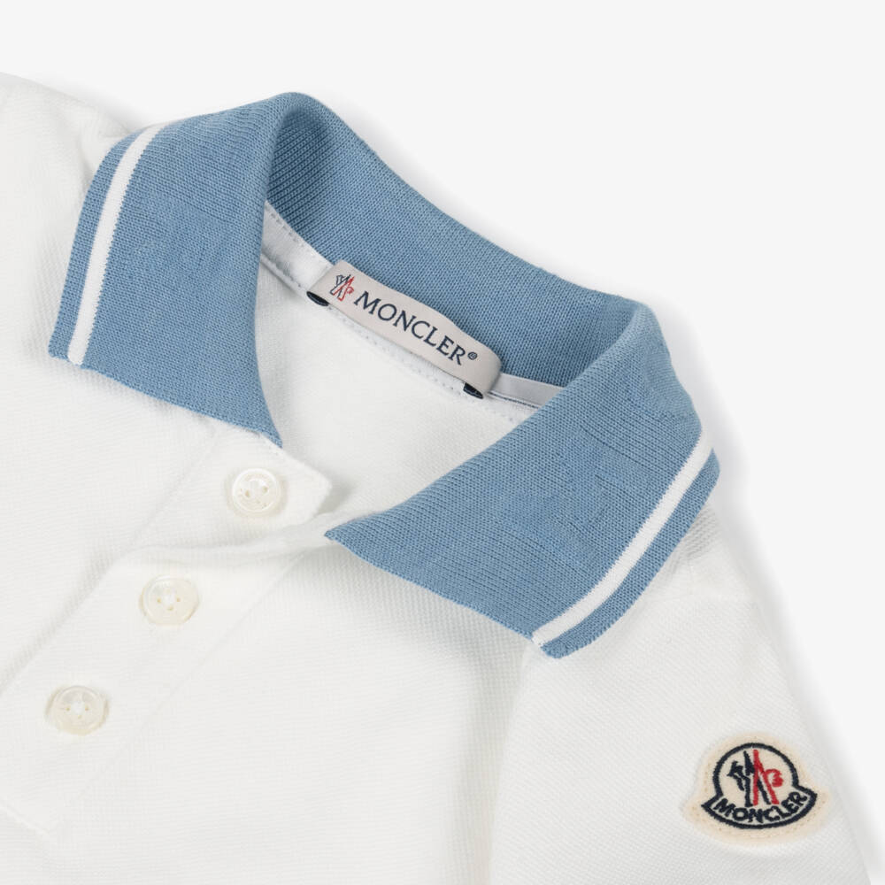 Moncler Enfant-Boys White Cotton Piqué Polo Shirt with Blue Trims | Childrensalon
