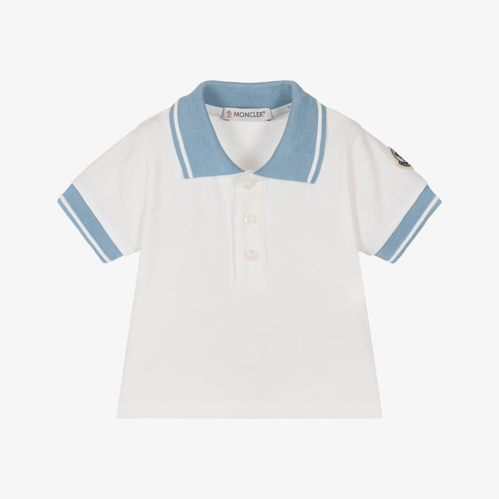 Moncler Enfant-Boys White Cotton Piqué Polo Shirt with Blue Trims | Childrensalon